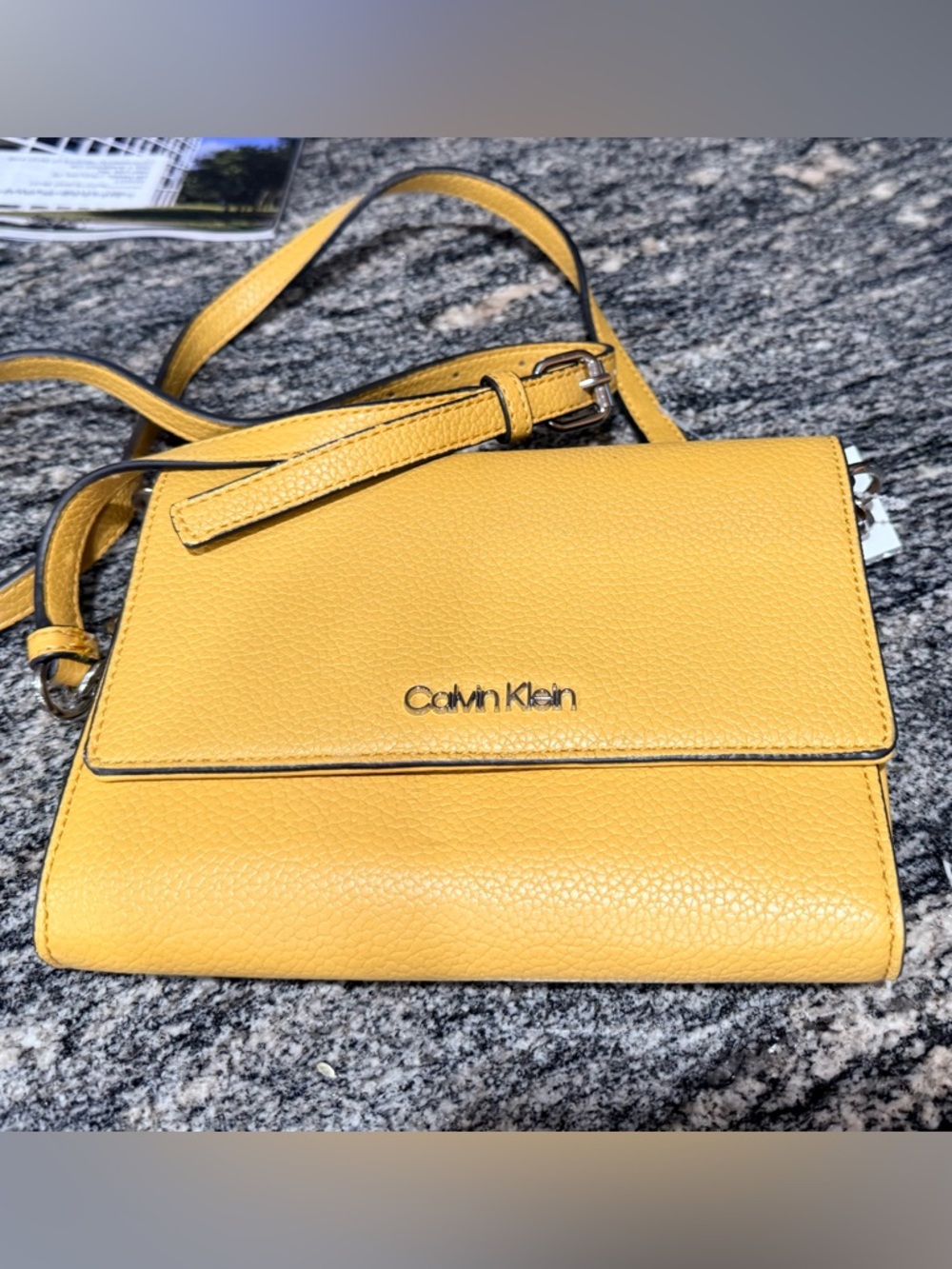 Calvin Klein Mustard Yellow Pebbled Leather Crossbody Bag